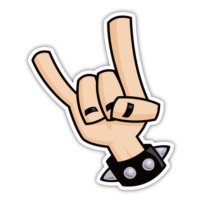 Cartoon hand making the Heavy Metal Devil Horns gesture, depicted as a sticker from Decal Venue, known for unique stickers and digital art.