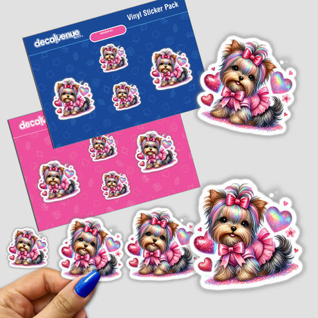 Irridescent Glitter Hearts Yorkie Dog stickers feature charming cartoon Yorkies in pink dresses, ideal for stationery and digital art enthusiasts.