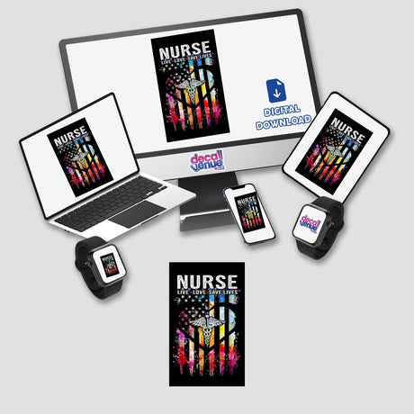 Shout Out To Nurses digital artwork displayed on a computer monitor and laptop, featuring a poster of a nurse and medical symbols, available as stickers or digital prints from Decal Venue.