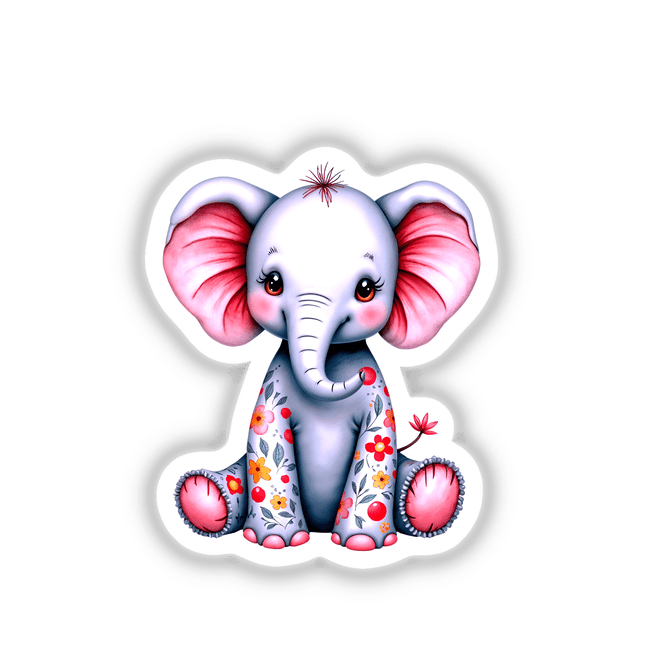 Cute Elephant With Flowers sticker or digital art featuring a cartoon elephant adorned with floral designs and pink ears, perfect for decorating spaces or digital projects.