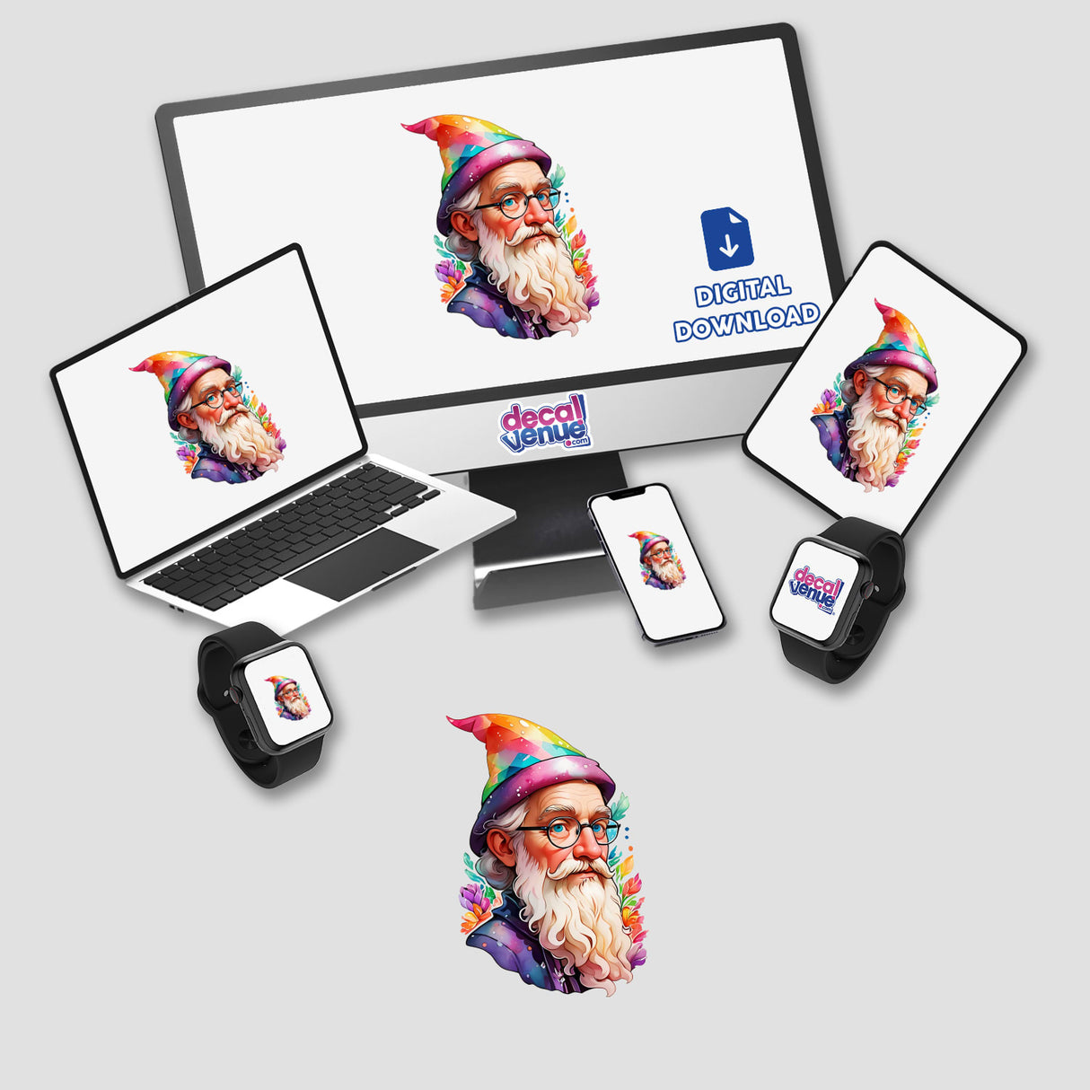 Sticker Design: Portrait of a Magical Wizard in a Classic Wizard Hat displayed on various devices, including a computer monitor, laptop, and phone, showcasing the digital artwork's versatility.