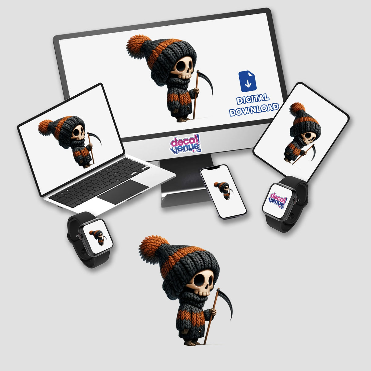 Cute skeleton gnome with tiny scythe in knit hat and clothing, available as digital artwork for download from DecalVenue