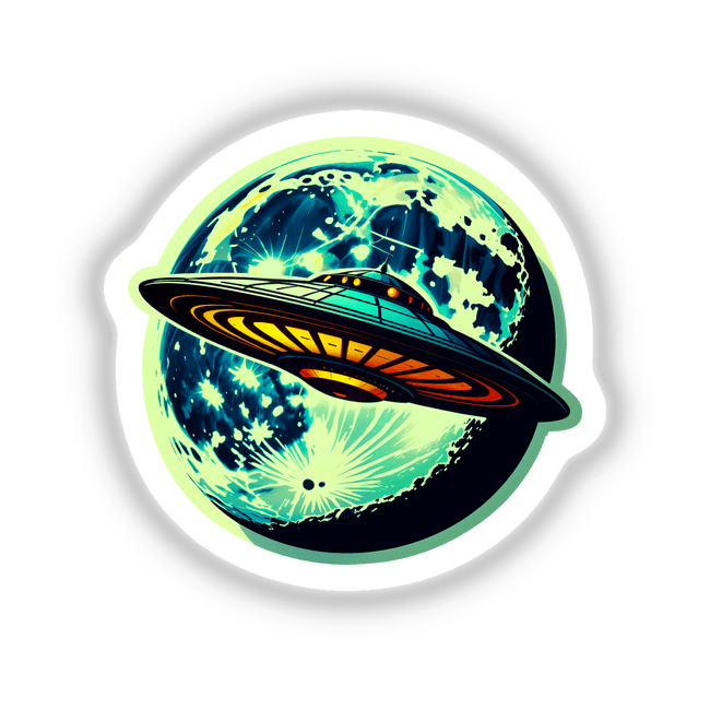 A UFO in front of a moon depicted as a whimsical cartoon spaceship in space, offered as unique stickers or digital artwork from Decal Venue.