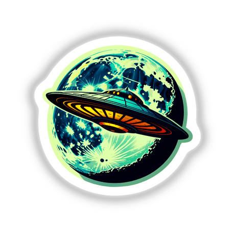 A UFO in front of a moon depicted as a whimsical cartoon spaceship in space, offered as unique stickers or digital artwork from Decal Venue.