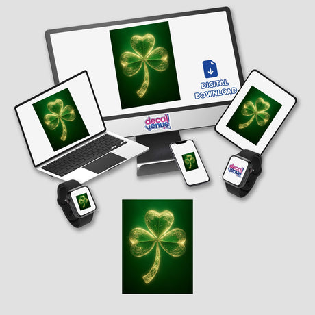 Radiant Shamrock digital artwork featuring a glowing golden clover with intricate Celtic details, displayed on various electronic devices including a laptop, monitor, tablet, and smartwatch. Available as stickers or digital art.