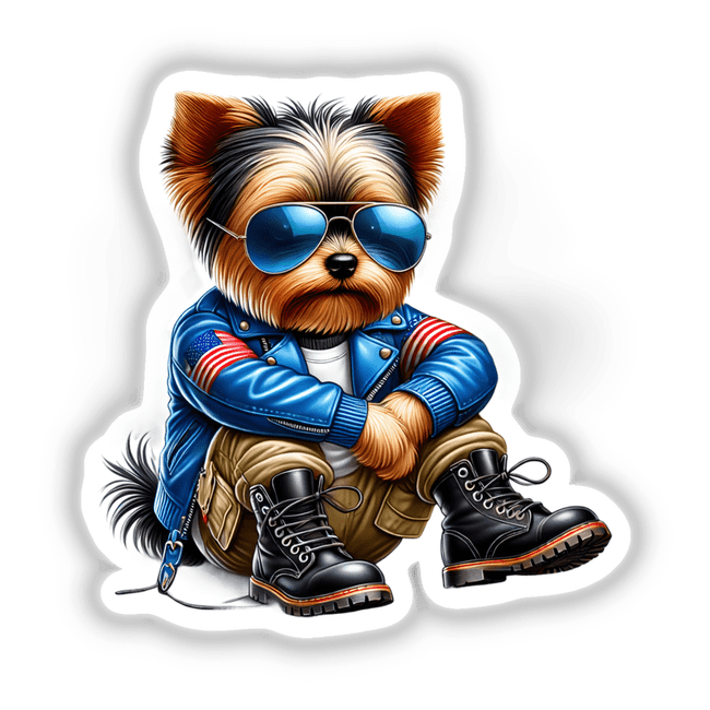 Stylish Yorkshire Terrier in Patriotic Leather Jacket