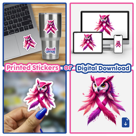 Collage of Owl Pink Ribbon Breast Cancer decals, showcasing a pink owl with a breast cancer ribbon, displayed on various surfaces including a laptop and close-ups of stickers. Available as stickers or digital artwork.