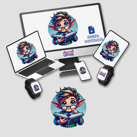 Elf in Reading Glasses with Book displayed on computer, laptop, smartphone, and smartwatch screens, available as Stickers or Digital Artwork.