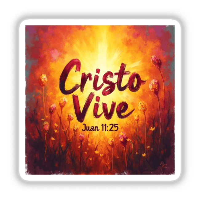 Cristo Vive Juan 11:25 Sticker or Clipart features a fauvist design with flowers and a sun, ideal for Resurrection Sunday. Available as versatile stickers or digital artwork with commercial rights.