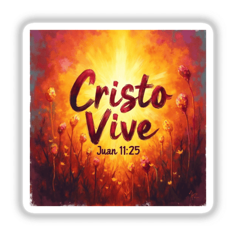 Cristo Vive Juan 11:25 Sticker or Clipart features a fauvist design with flowers and a sun, ideal for Resurrection Sunday. Available as versatile stickers or digital artwork with commercial rights.