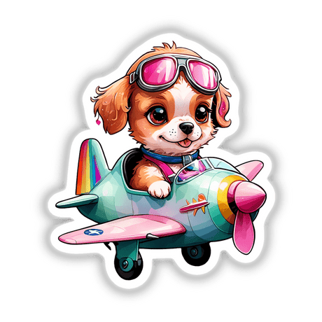 Adorable Puppy Pilot: Flying Pink Vintage Airplane Sticker Design featuring a cartoon dog in goggles piloting a classic airplane, perfect for unique and fun sticker collections.