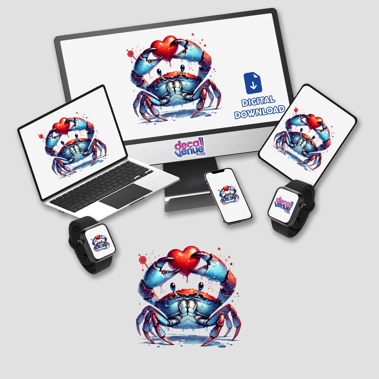 Watercolor Blue Crab Holding Heart depicted on computer screens, laptop, smartwatch, and phone, available as stickers or digital artwork from Decal Venue.