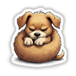 Cute Angry Puppy Curled Up cartoon sticker or digital artwork, depicting a dog with a scrunched face and closed eyes, tail wrapped around its body.