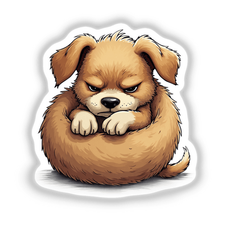 Cute Angry Puppy Curled Up cartoon sticker or digital artwork, depicting a dog with a scrunched face and closed eyes, tail wrapped around its body.