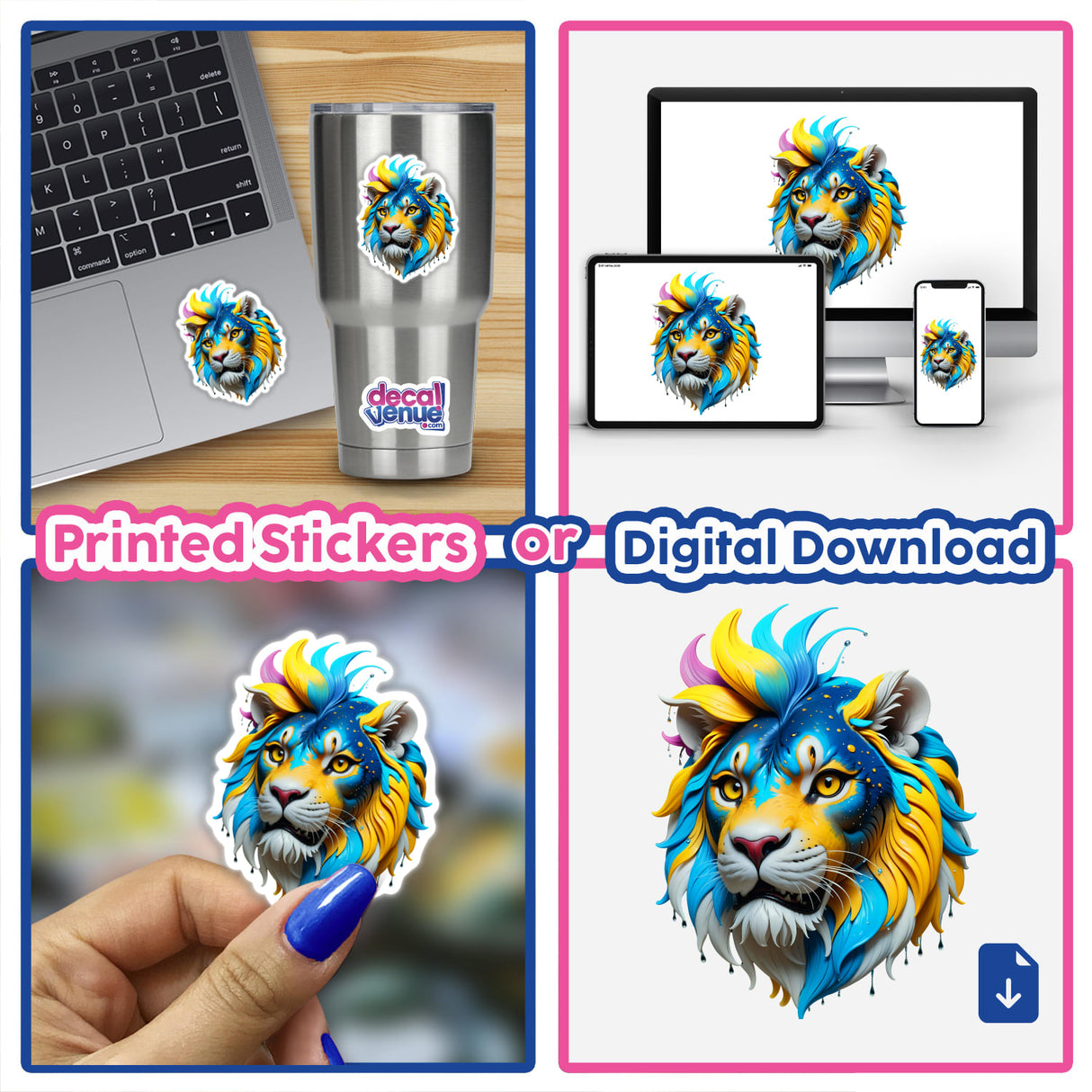 Colorful Lion Head sticker or digital artwork featuring a vibrant lion face design, ideal for personalizing laptops or cups. Part of Decal Venue's unique sticker and digital art collection.