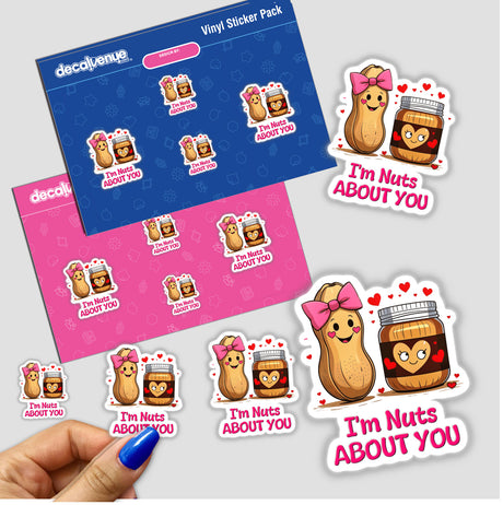 I'm Nuts About You stickers featuring cartoon characters like a peanut with a pink bow and a jar, available as unique vinyl stickers or digital artwork from Decal Venue.