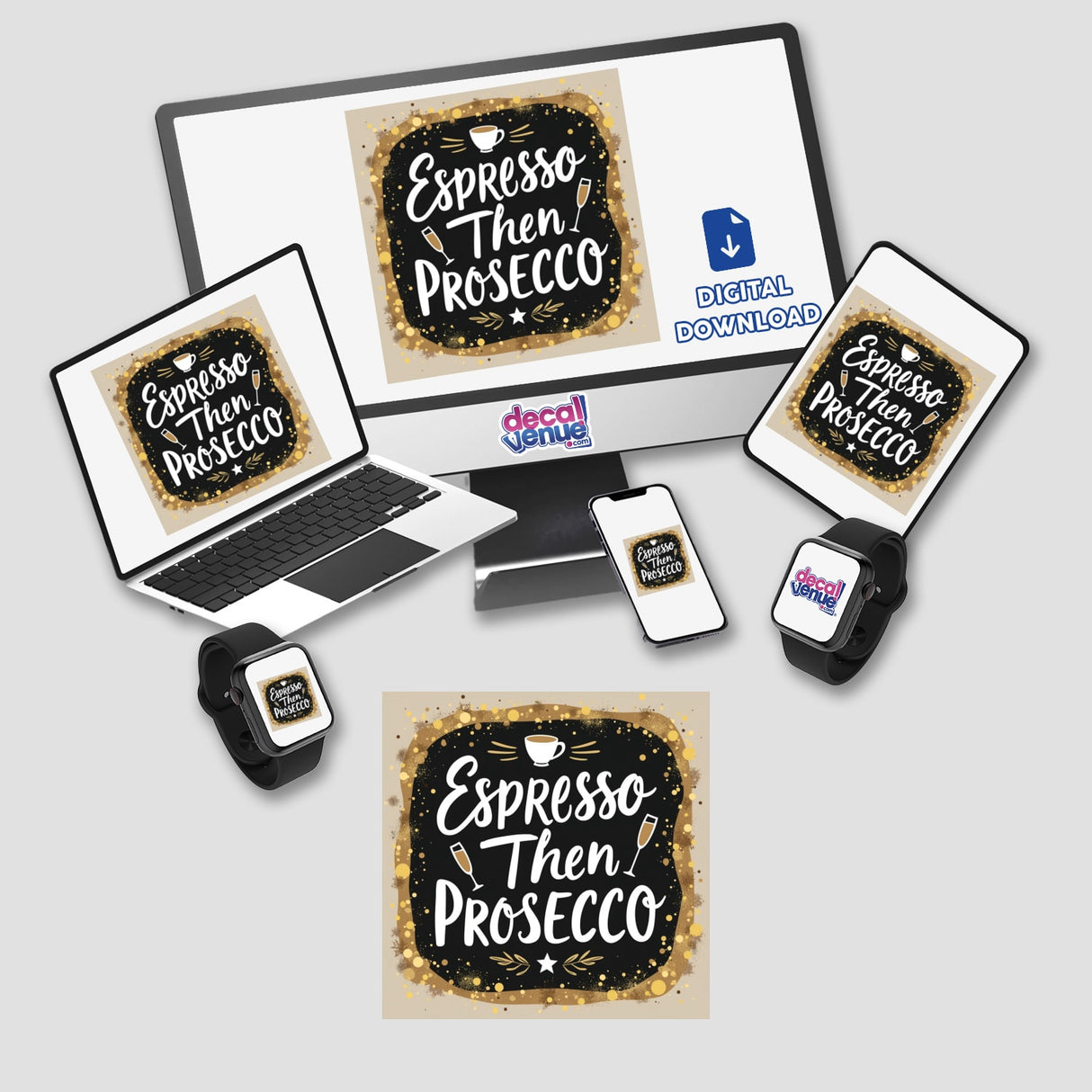 Espresso Then Prosecco Sticker featuring elegant coffee and wine clipart, shown on a computer monitor and laptop, ideal for drink enthusiasts and available as stickers or digital artwork.