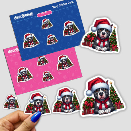 Sticker pack titled Christmas Scene Santa Pitbull Dog II featuring cartoon dogs in Santa hats and scarves, some with Christmas trees, highlighting Decal Venue's unique festive designs.