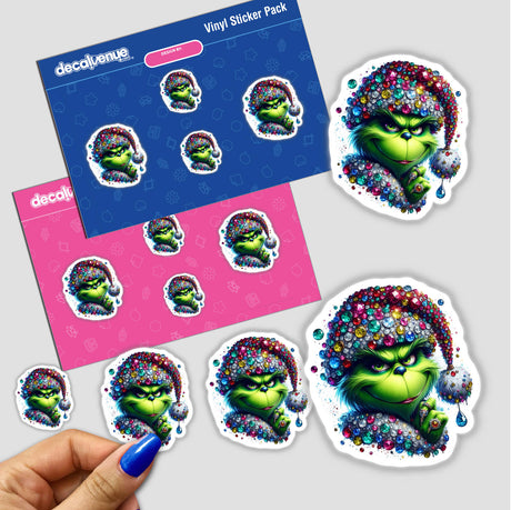 Jeweled Sassy Green Grouch Face in Santa Hat sticker featuring a cartoon character adorned with colorful gems, available as part of Decal Venue's unique sticker and digital art collection.