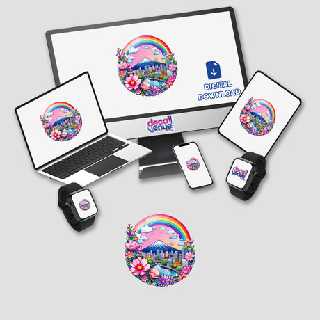 Tokyo Dreams: Mount Fuji and Cityscape Rainbow depicted on a computer monitor and laptop screen, available as stickers or digital artwork from Decal Venue.