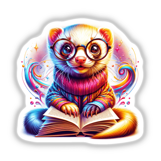 Cartoon ferret with reading glasses engrossed in an open book, depicted in a whimsical illustration. Available as stickers or digital artwork, titled Ferret With Reading Glasses Open Book.