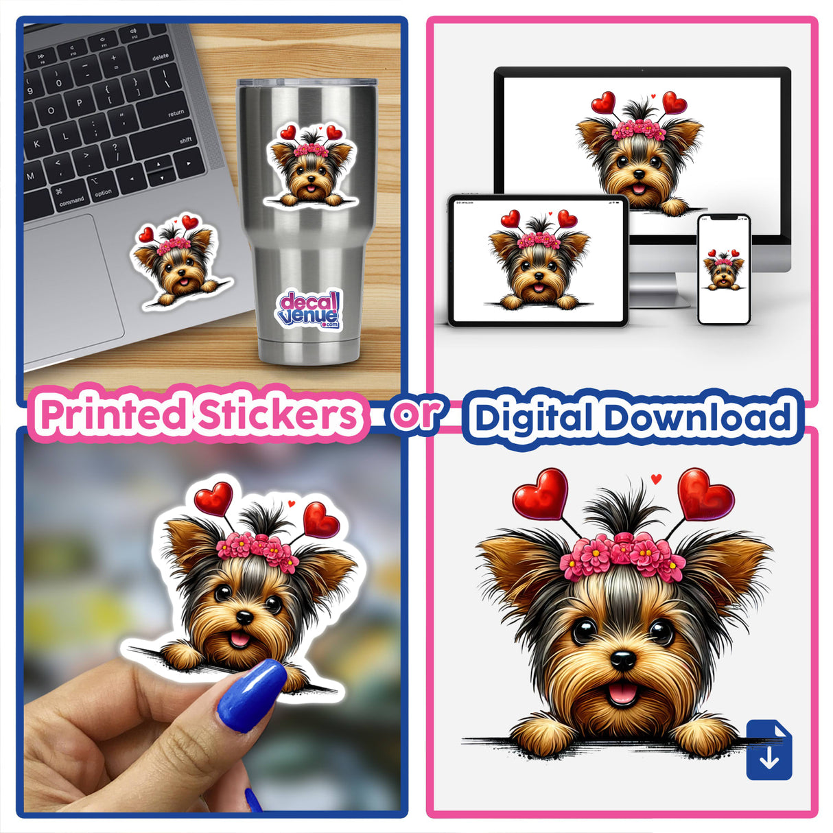 Peeking Yorkie Heart Headband sticker collage featuring a Yorkie with hearts and flowers on its head, available as unique vinyl stickers or digital artwork from Decal Venue.