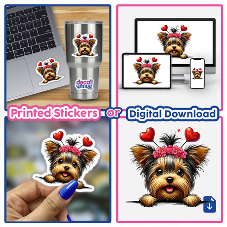 Peeking Yorkie Heart Headband sticker collage featuring a Yorkie with hearts and flowers on its head, available as unique vinyl stickers or digital artwork from Decal Venue.