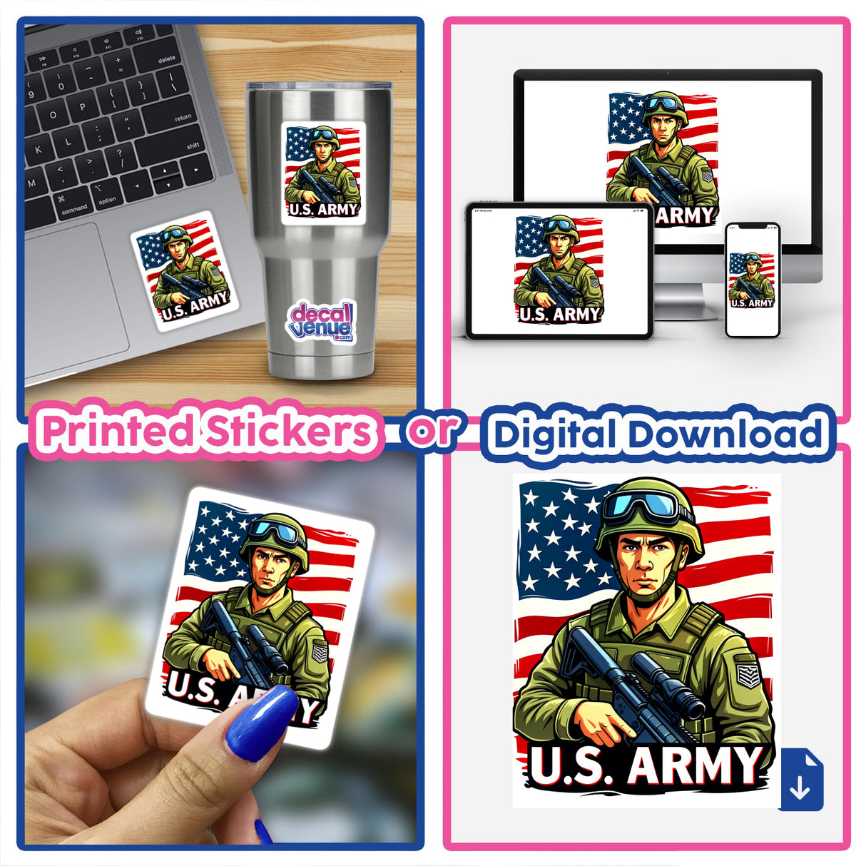 Collage featuring U.S. Army - American Soldier With Flag as a sticker or digital art, showing a soldier in uniform with a gun, alongside a laptop and a mobile phone.