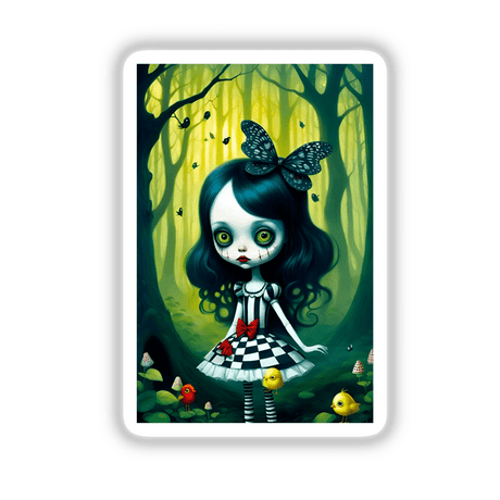 Those Girls in the Woods: A cartoon girl with long black hair and butterfly on her head, accompanied by a yellow bird, available as stickers or digital artwork.