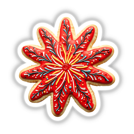 Firework Shaped Cookie with Colorful Icing Explosions available as Stickers or Digital Artwork, featuring intricate red and yellow frosting details. Perfect for art and flower-themed collections at Decal Venue.