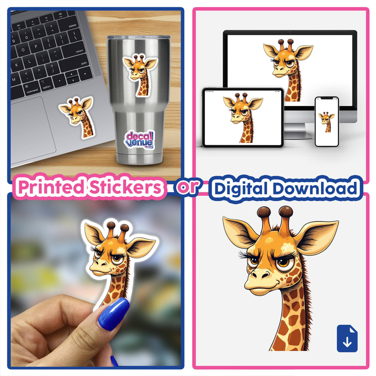 Grumpy Giraffe with Long Eyelashes stickers on laptop keyboard, stainless steel cup, and cell phone, showcasing the unique and whimsical design available at Decal Venue.