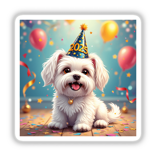 New Year’s Maltese Sticker & Clipart featuring a white dog wearing a blue party hat with yellow numbers and stars, perfect for unique sticker collections or digital artwork.