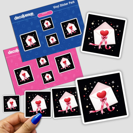 Sticker pack featuring a design of a white envelope with a red heart seal and pink ribbon, held in a hand. Available as stickers or digital artwork at Decal Venue.