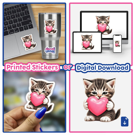 Tabby Kitten Holding Pink Heart sticker collage featuring playful cat designs, ideal as vinyl stickers or digital artwork, embodying Decal Venue's unique and whimsical style.