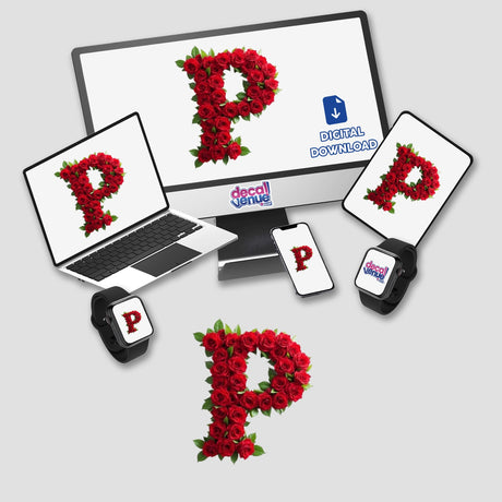 Elegant Floral Letter P Clipart - Downloadable Sticker with Commercial Rights displayed on a laptop and computer screen, featuring a decorative letter P adorned with flowers and leaves.