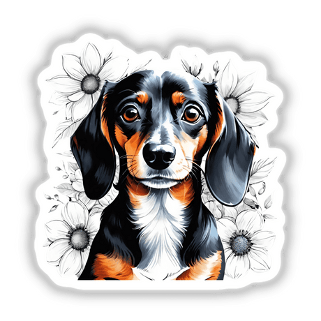 Dachshund Dog Portrait Floral Accents PA15 shows a dachshund surrounded by delicate flowers, available as stickers or digital artwork.