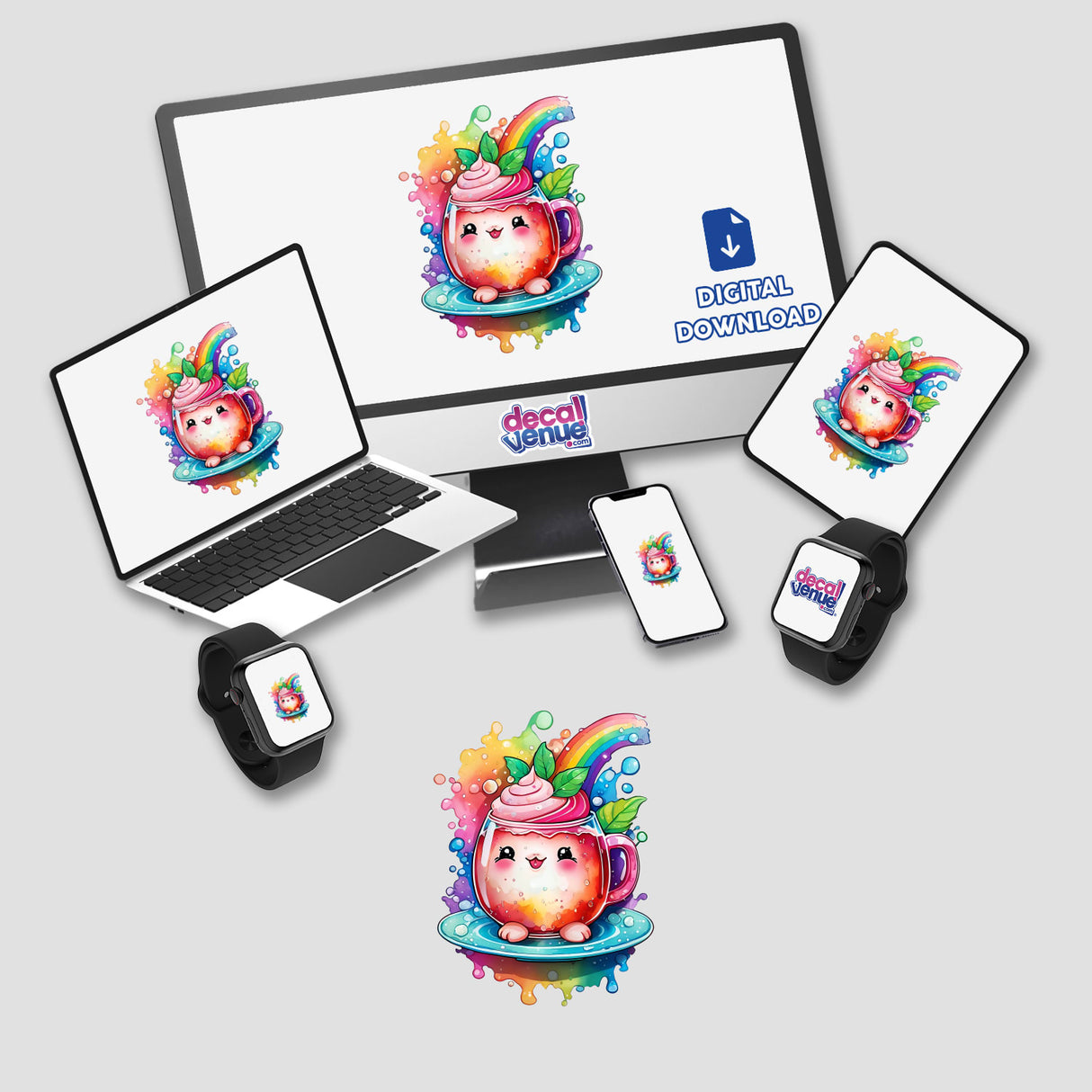 Happy Tea Time: Vibrant Rainbow Floral displayed on a computer monitor and laptop, featuring cartoon characters. Available as stickers or digital artwork from Decal Venue.