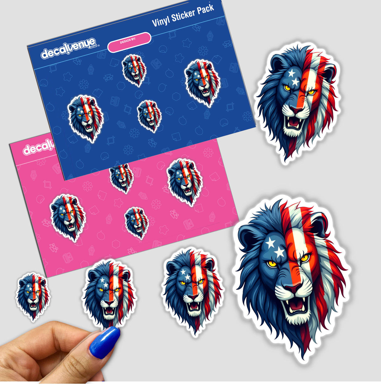 A Cool American Flag Lion sticker featuring a lion's face adorned with red, white, and blue stripes, symbolizing the American flag. Available as a sticker or digital artwork from Decal Venue.