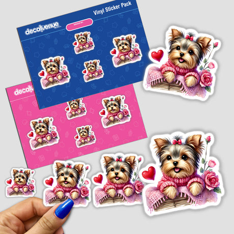 Watercolor Hearts and Roses Yorkie Dog sticker pack featuring charming illustrations of Yorkies in sweaters, surrounded by floral and heart motifs, available as unique stickers or digital artwork.