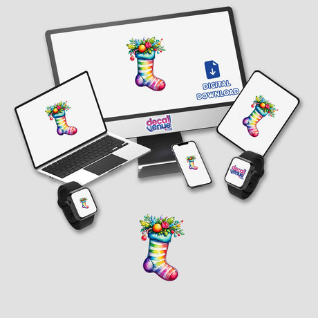 Festive Christmas Stocking: Cozy Sticker Design with Holiday Cheer displayed on a computer screen and laptop, showcasing the vibrant digital artwork available from Decal Venue.