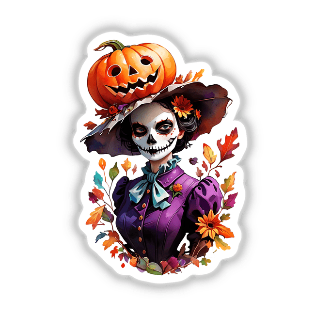 Spooky Autumn Halloween Portrait: Crow, Pumpkin, Scarecrow, and Jack-o'-Lantern Sticker Design featuring a woman with a carved pumpkin head, highlighting the eerie and artistic elements perfect for Halloween decor.