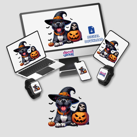 Adorable Halloween Pitbull dog with spooky ghost and jack-o'-lantern decal design for digital downloads available at Decal Venue shop.