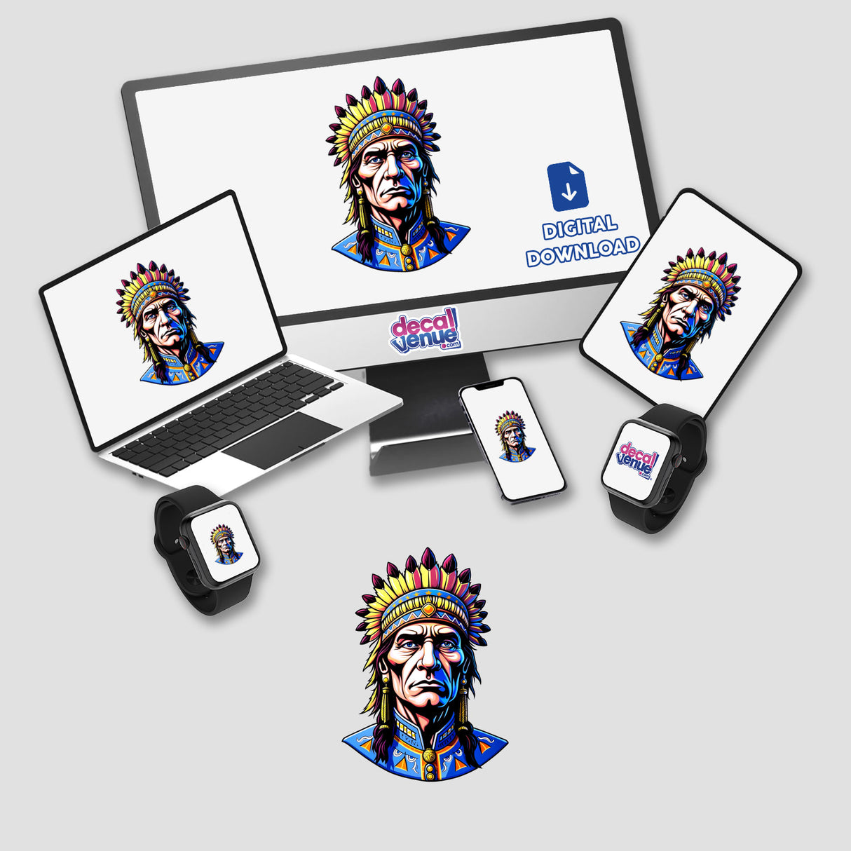 A Native American Warrior Chief depicted in vibrant, digital artwork displayed across multiple devices, available as stickers or digital downloads from Decal Venue.