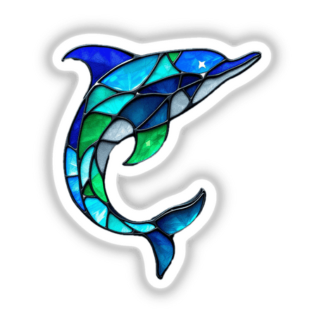 Dolphin Stained Glass Style illustration, available as stickers or digital artwork, features a dolphin design with artistic flair, reminiscent of stained glass, highlighting Decal Venue's unique creative offerings.