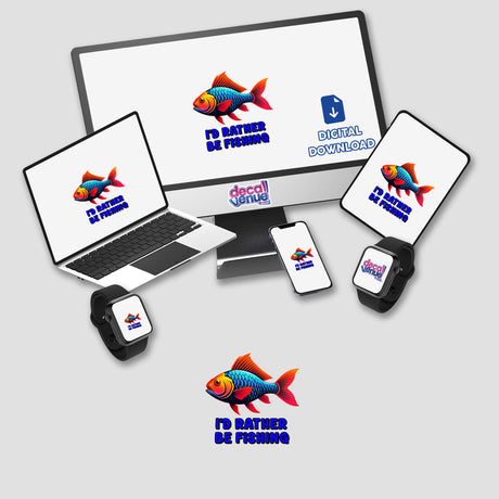 “I'd Rather Be Fishing” digital artwork featuring a fish logo on a computer monitor and laptop screen, available as stickers or digital art from Decal Venue.