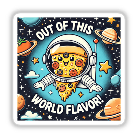 Pizza Planet - Out of this world flavor: A cartoon pizza floating in space, available as unique stickers or digital artwork from Decal Venue.