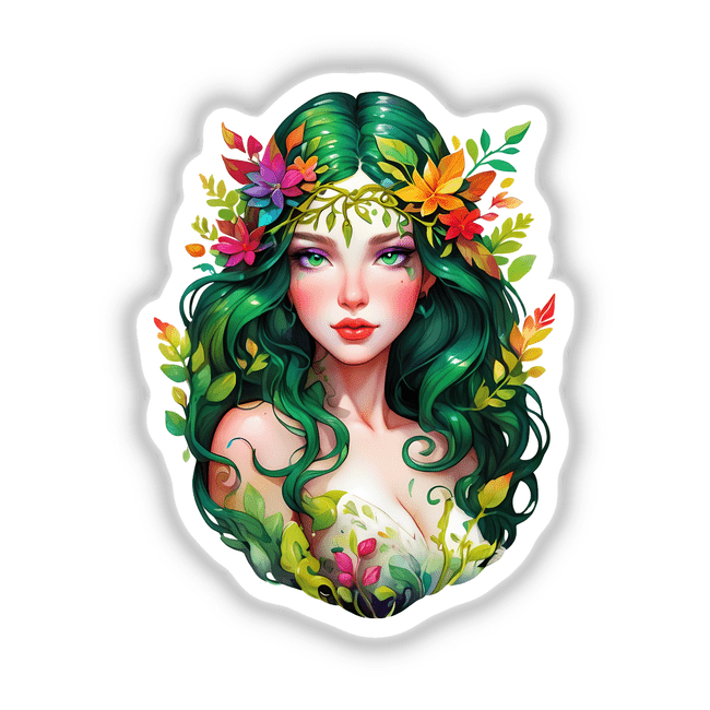 Mystical Leafy Goddess Sticker featuring a woman with green hair adorned with flowers, capturing an elegant forest goddess theme with intricate leafy details. Available as stickers or digital artwork.