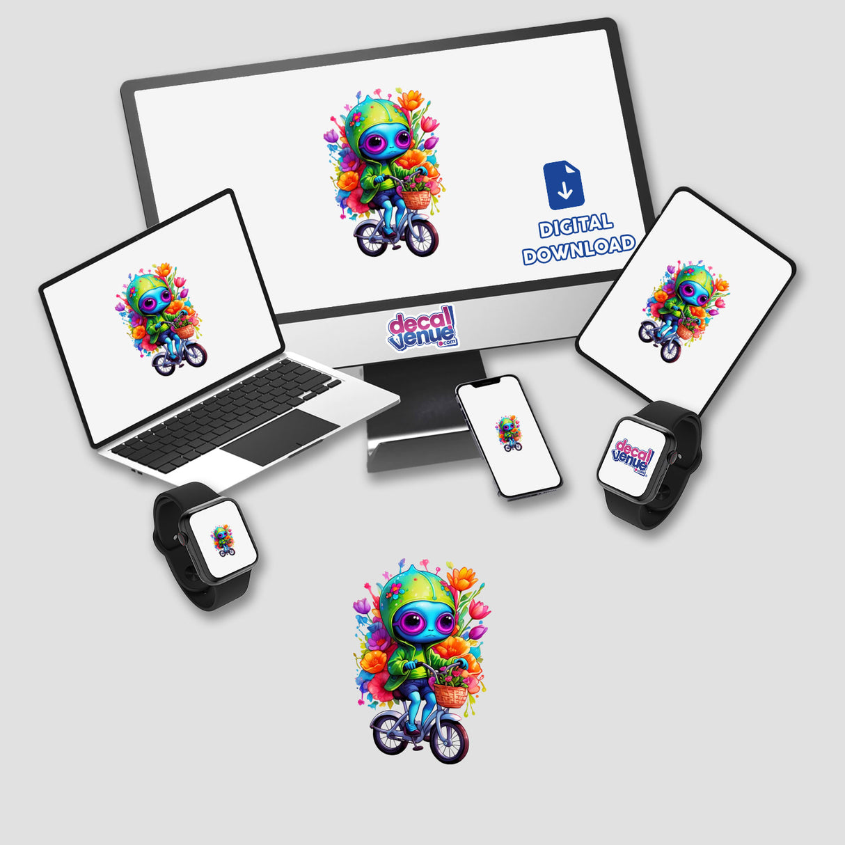 Alien Biker: Floral Splash Rainbow stickers or digital artwork featuring a cartoon alien riding a bicycle adorned with flowers, displayed on a computer monitor and laptop screen.