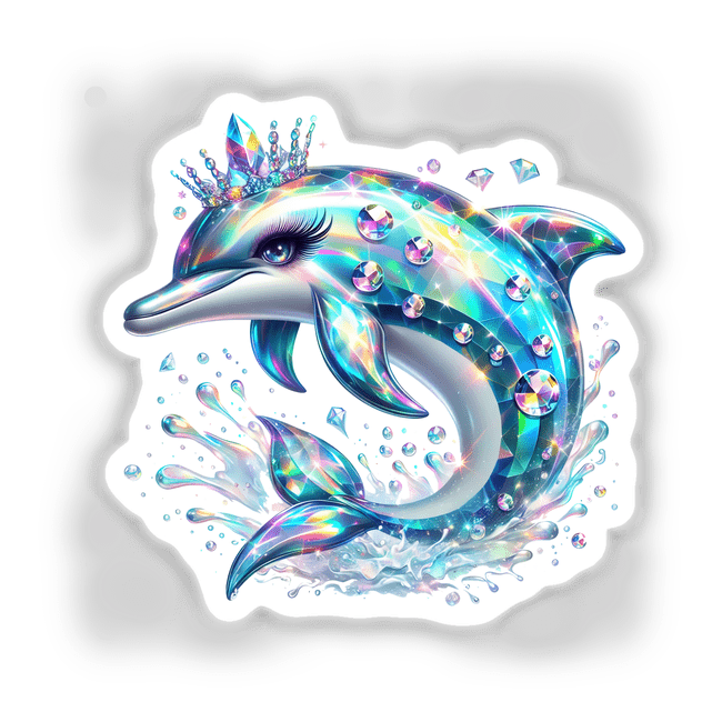 Colorful digital artwork of a majestic Prismatic Dolphin Princess swimming amidst sparkling water droplets and shimmering crystals.