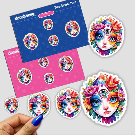 Enlightened Vision: Rainbow Floral Third Eye stickers featuring colorful cartoon faces with flowers, shown on a blue surface with a hand applying one.